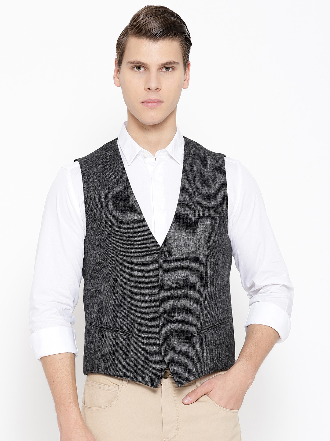 Antony Morato Men Charcoal Grey Single-Breasted Waistcoat
