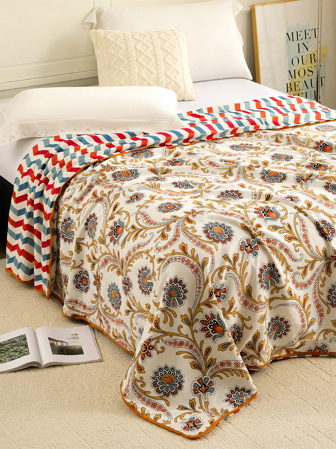 Story@home White & Red Floral AC Room 150 GSM Cotton Reversible Single Bed Dohar