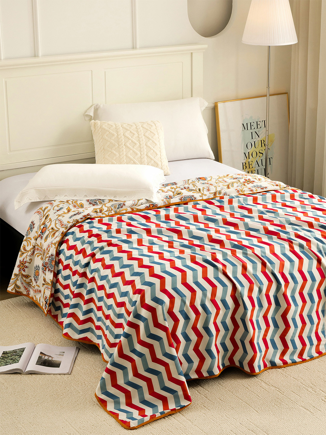 Story@home Beige & Red Floral AC Room 150 GSM Cotton Reversible Single Bed Dohar