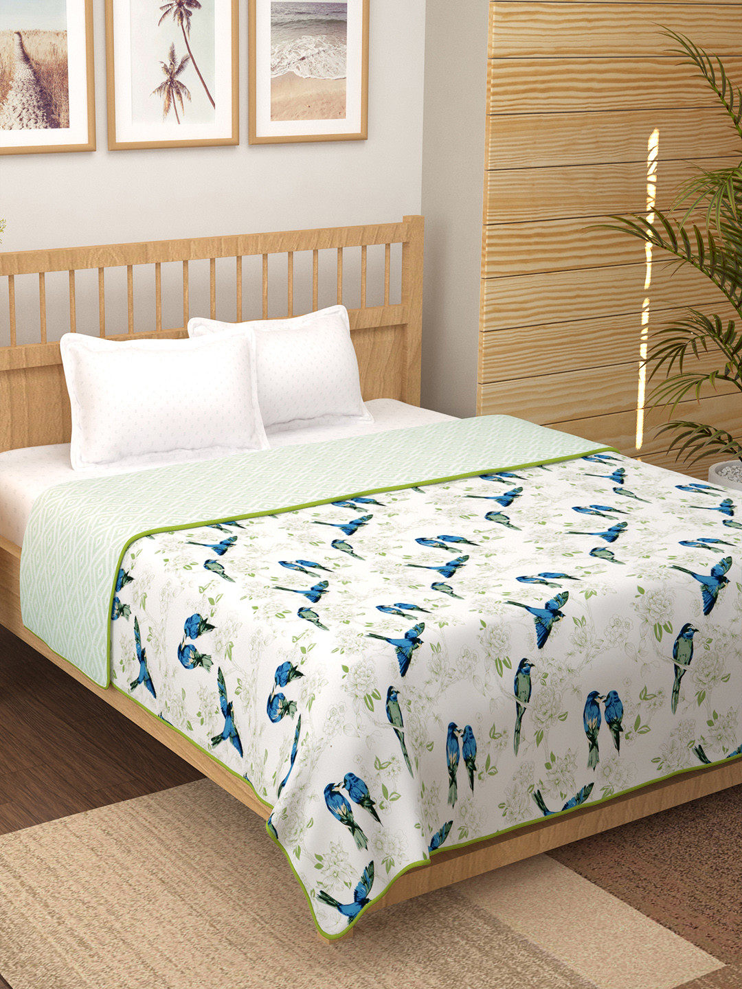 Story@home Sea Green & White Geometric Cotton AC Room 150 GSM Reversible Double Bed Dohar