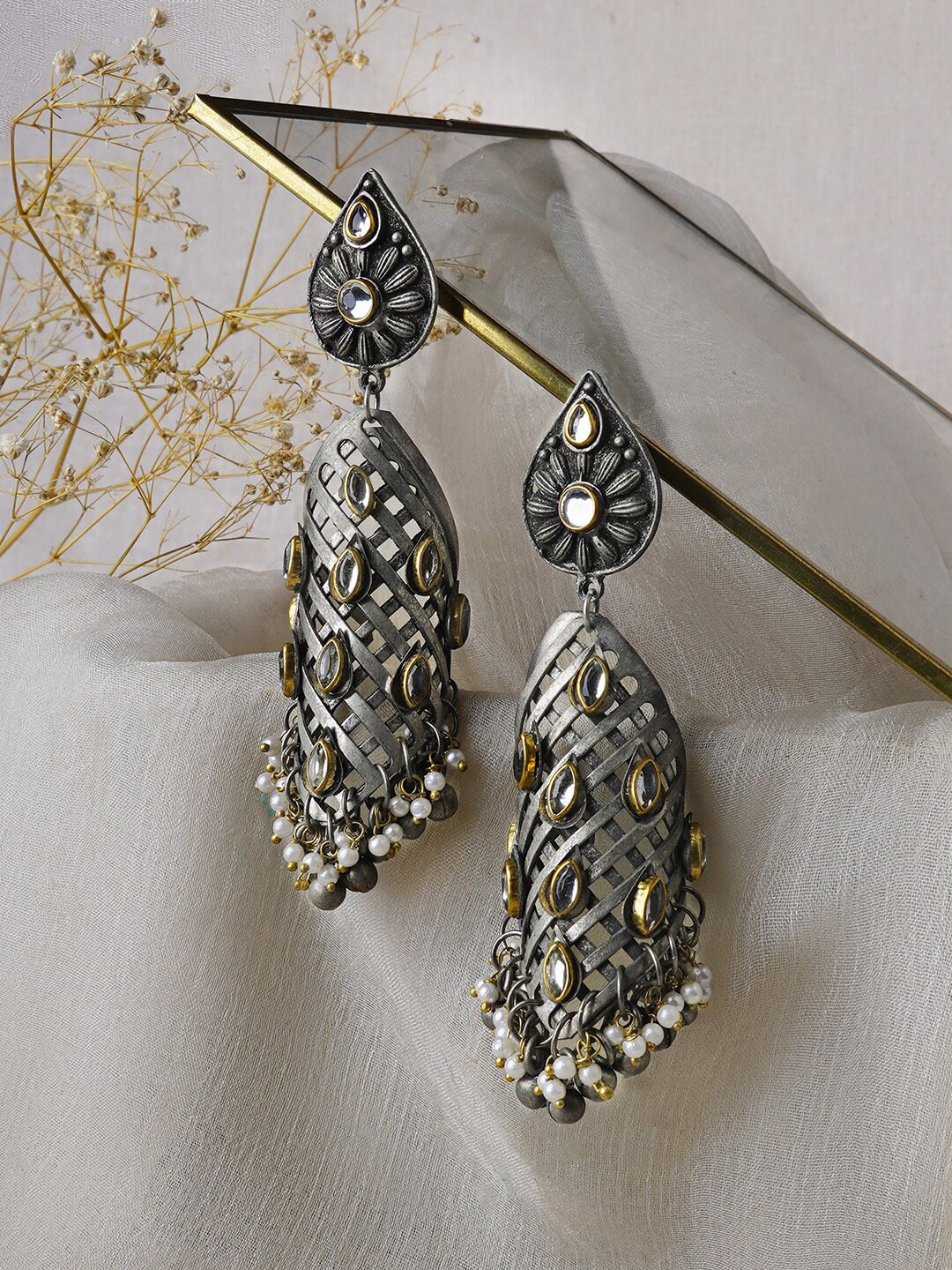 TEEJH Silver-Plated Aarvi Peacock Drop Earrings