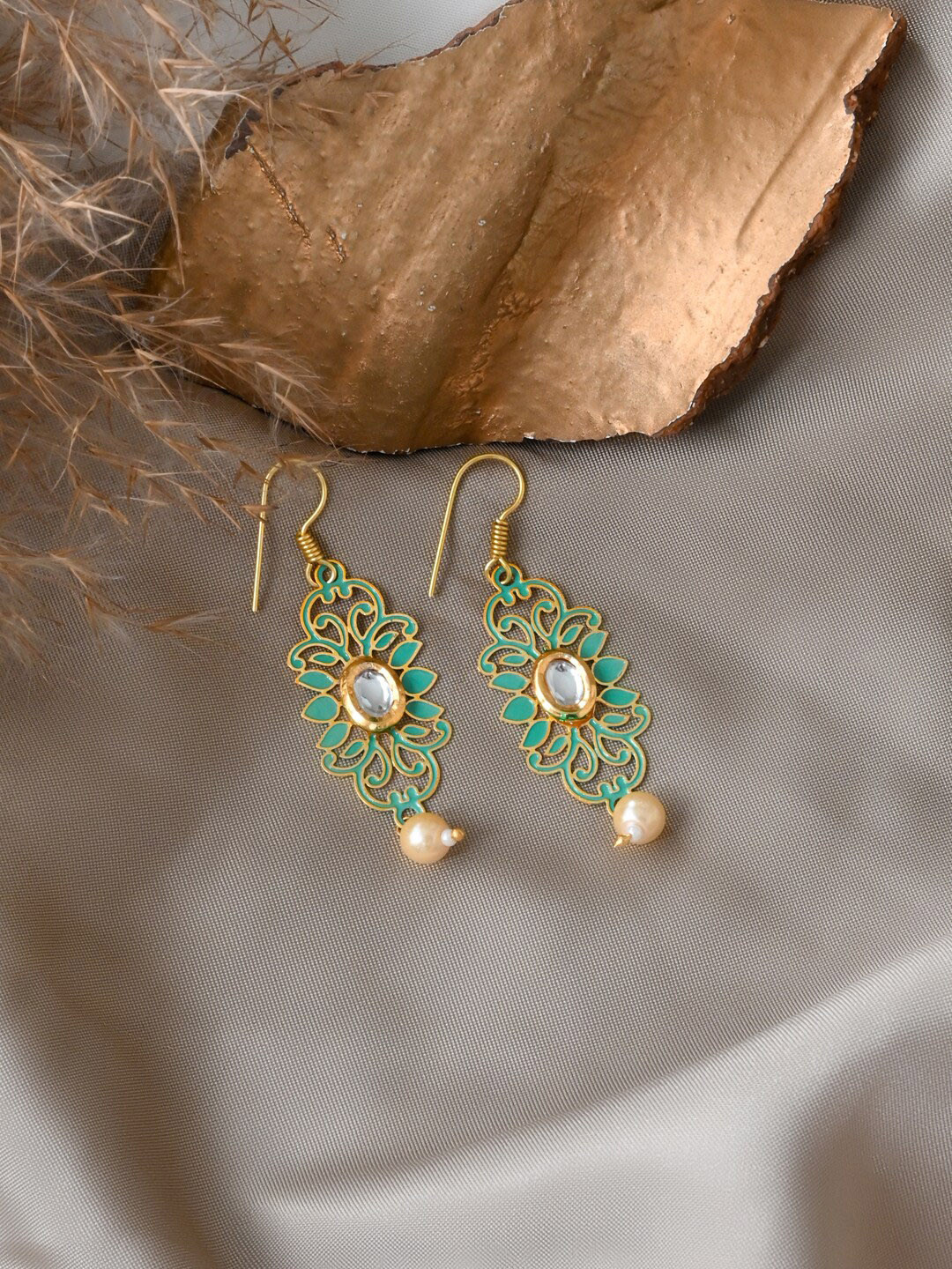 TEEJH Gold Plated Contemporary Filigree Drop Earrings