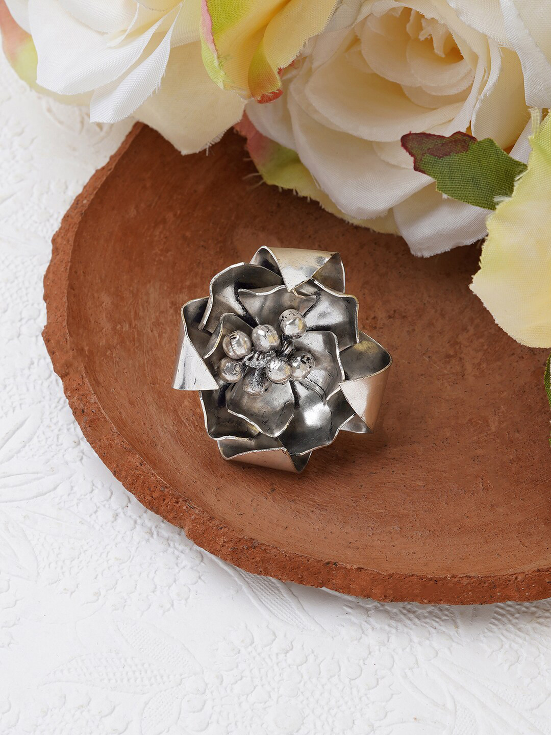 TEEJH Anahita Silver-Plated Beaded  Oxidized Finger Ring