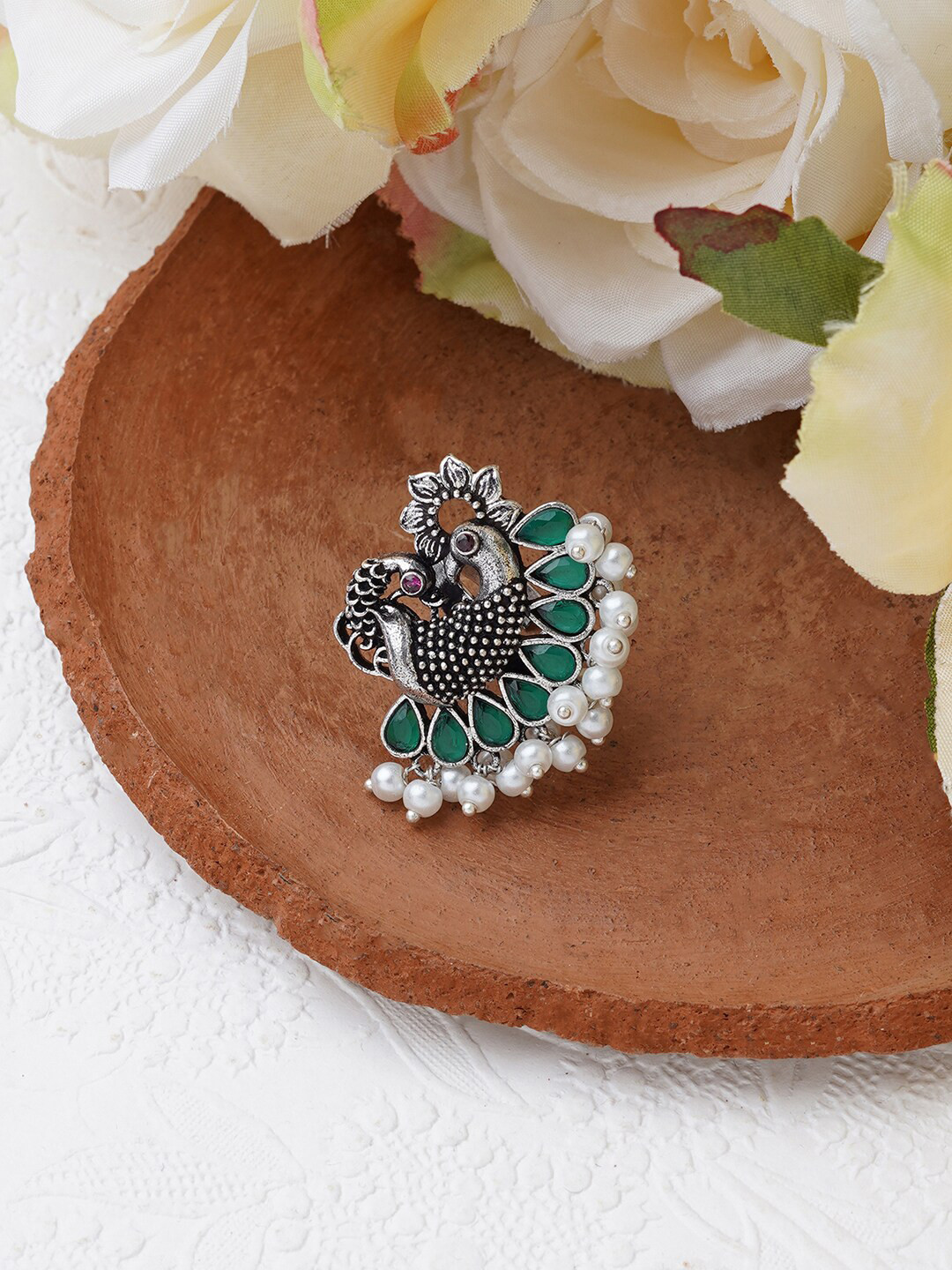 TEEJH Silver-Plated Artificial-Beaded Ring