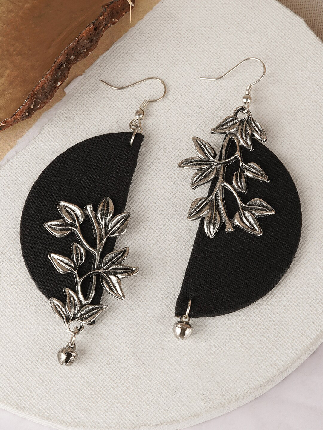 TEEJH Yukti Silver-Plated Oxidised Contemporary Floral Drop Earrings