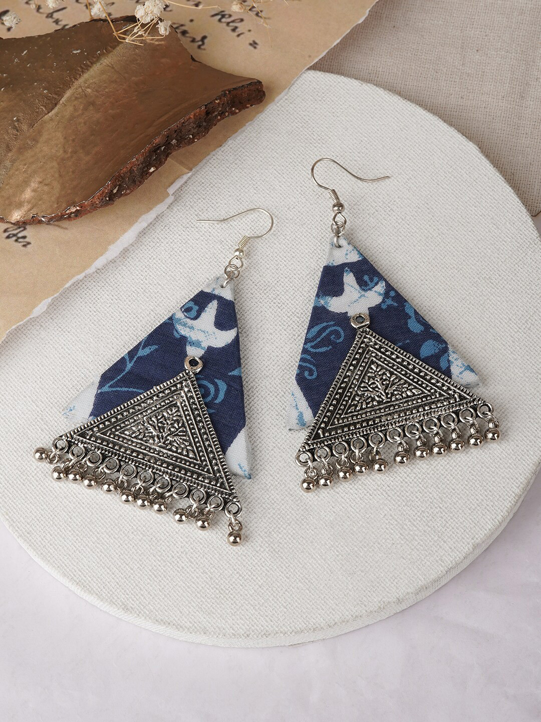 TEEJH Silver-Plated Triangular Adhyaa Indigo Drop Earrings