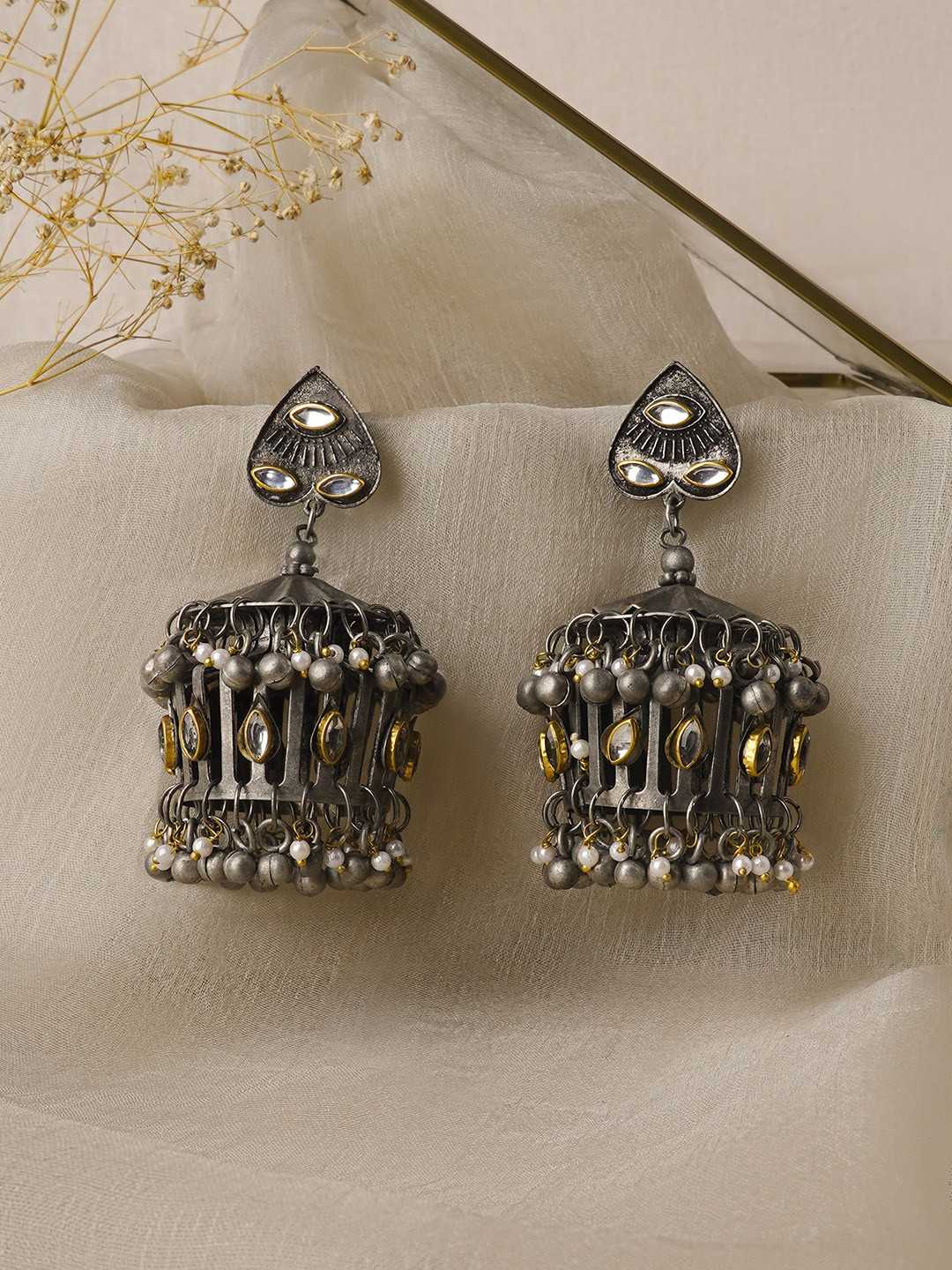 TEEJH Malvika Silver-Plated Oxidised Jhumkas Earrings