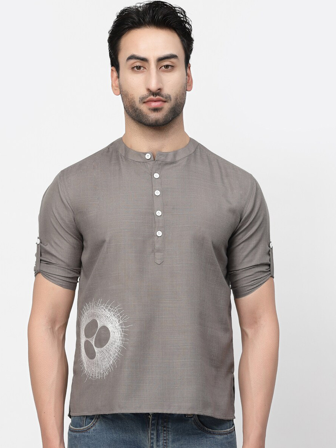 LELA Printed Band Collar Short Linen Kurta