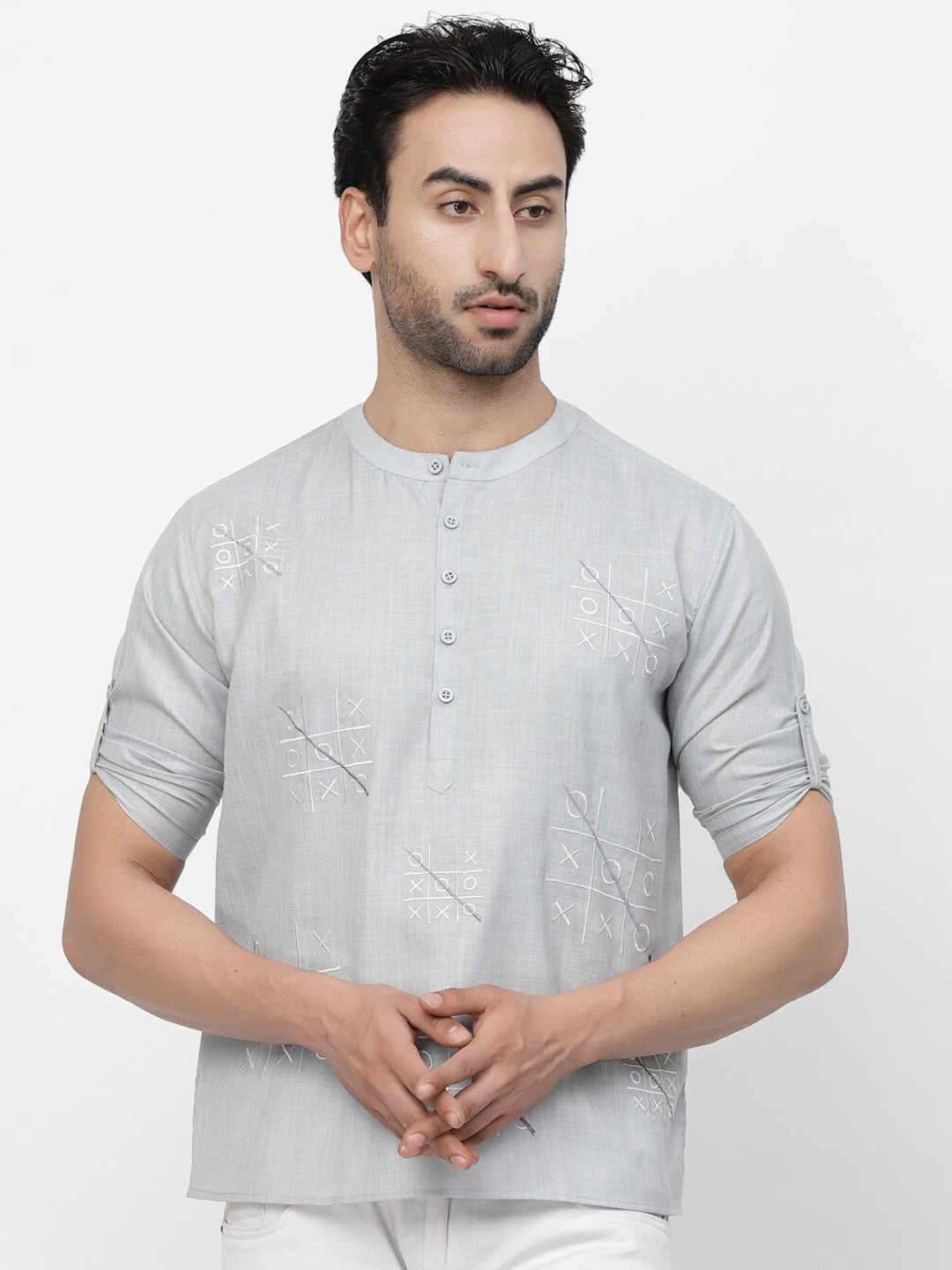 LELA Abstract Embroidered Band Collar Short Linen Kurta
