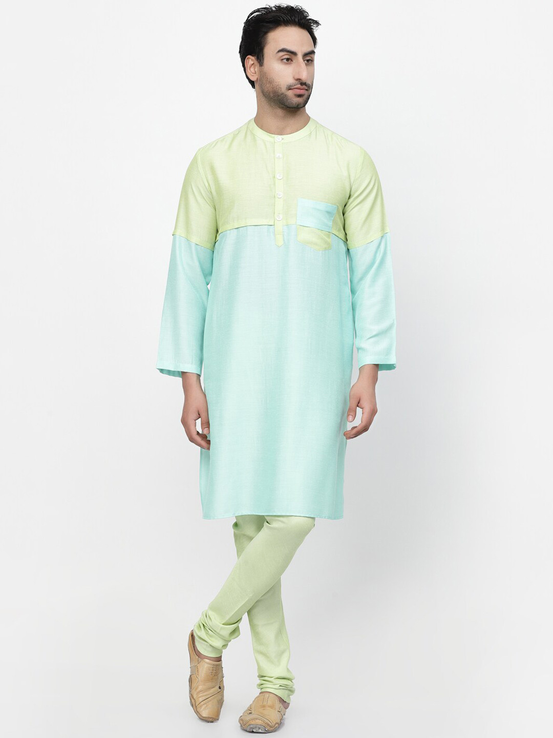 LELA Colourblocked Band Collar Pocket Detail Straight Kurta