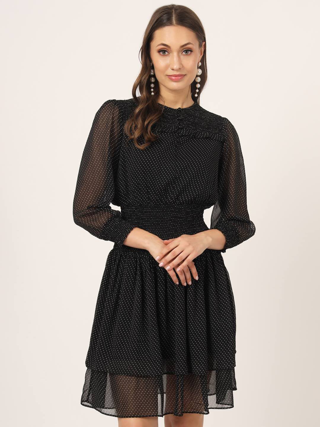 Beatnik Polka Dots Printed Smocked Puff Sleeves Fit & Flare Dress