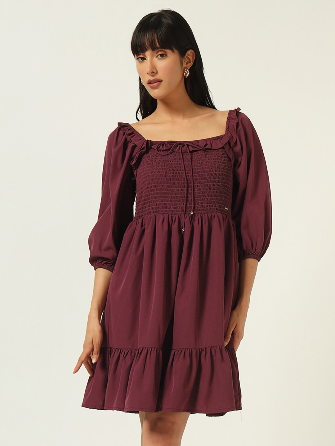 Beatnik Puff Sleeve Tie-Up Shirring Fit & Flare Dress