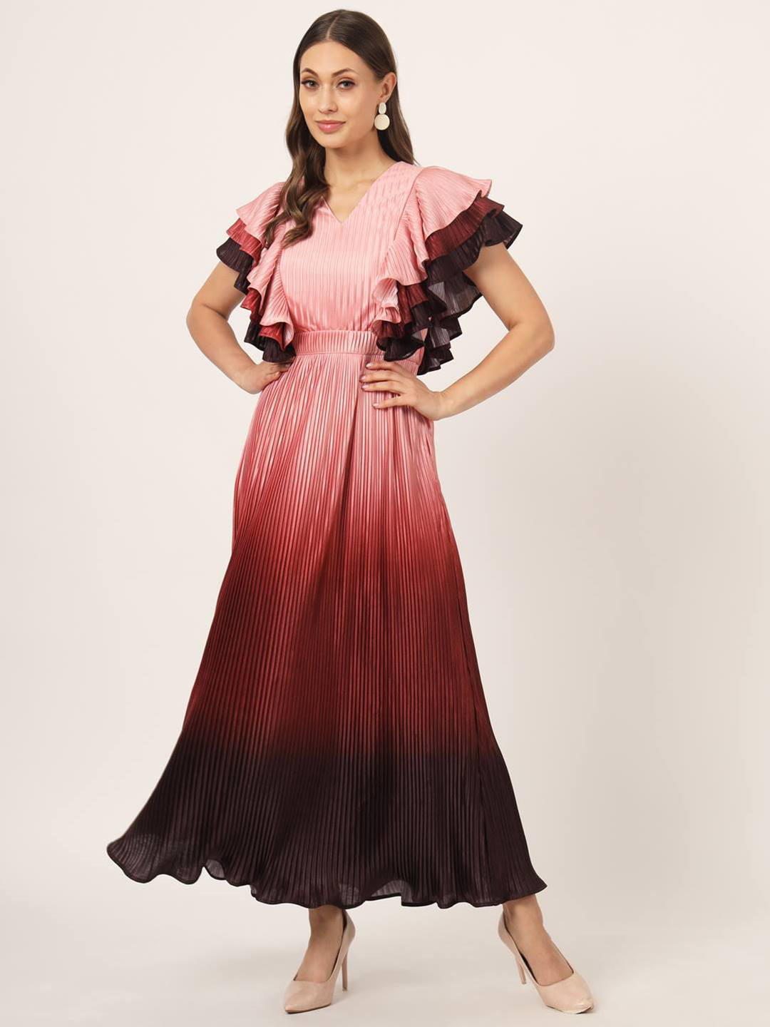 Beatnik Flutter Sleeves Accordion Pleats Satin Fit & Flare Maxi Dress
