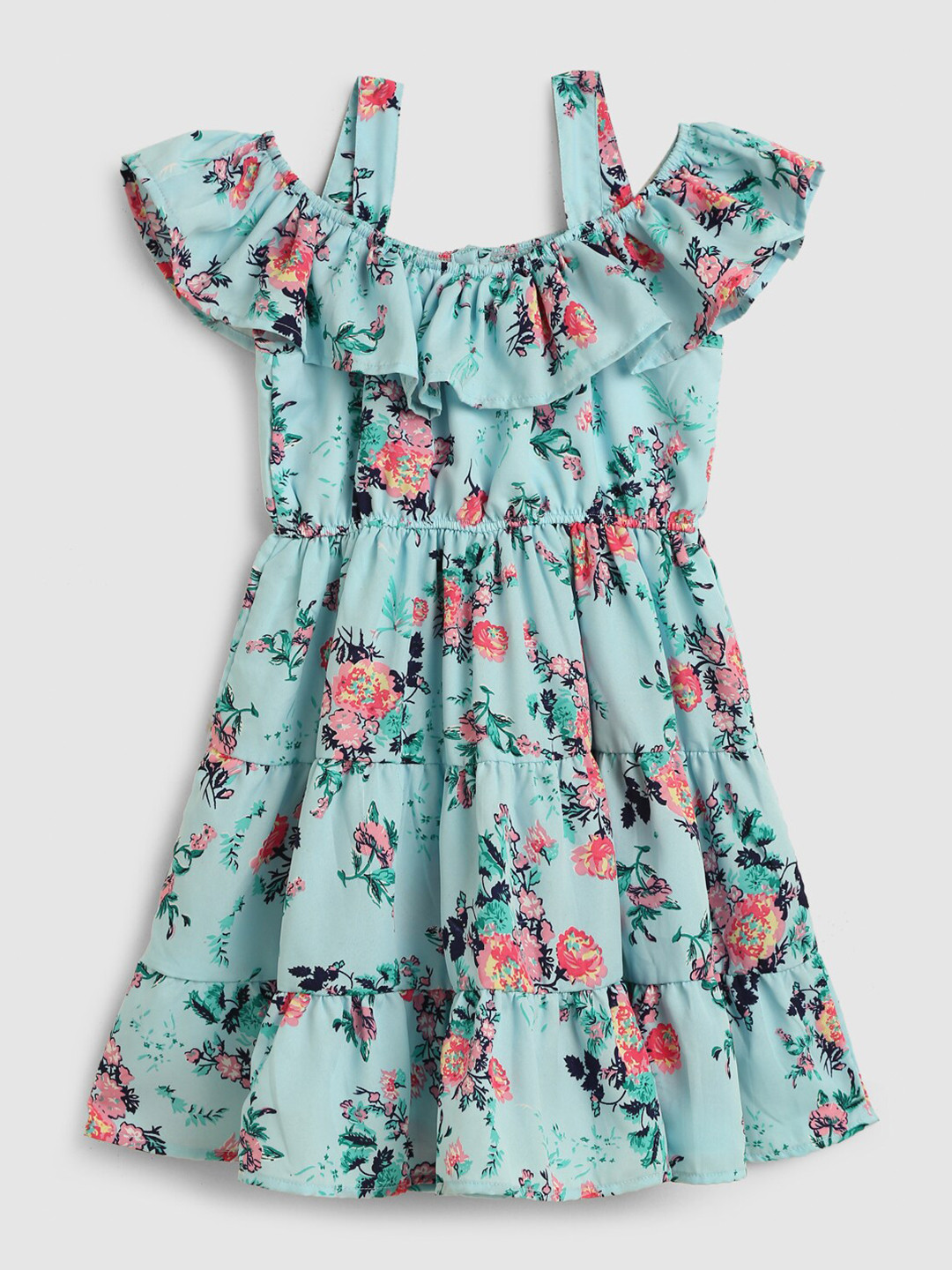 HERE&NOW Girls Shoulder Straps Floral Printed Tiered Cotton Dress