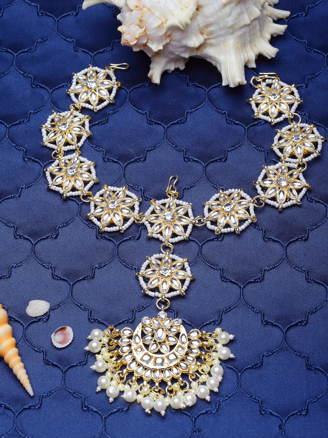 Sanjog Gold-Plated Kundan-Studded & Pearl Beaded Chand Sheeshphool Matha Patti