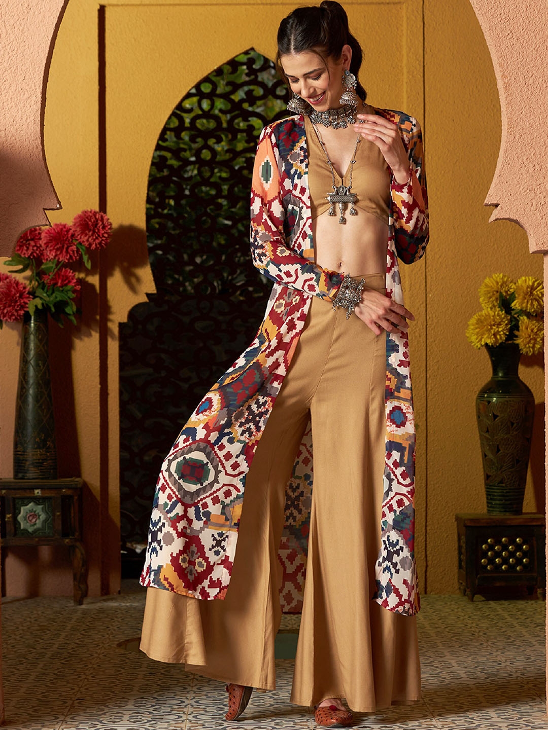 Shae by SASSAFRAS V-Neck Crop Top & Palazzo with Printed Long Shrug Co-Ords