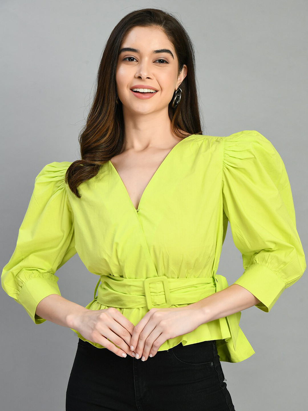 Fuchsia  V-Neck Puff Sleeves Cotton Cinched Waist Crop Top