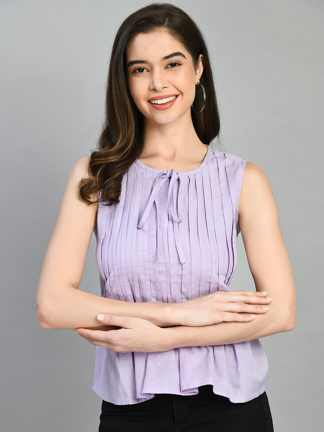 Fuchsia  Tie-Up Neck Sleeveless Pin tucks Regular Top