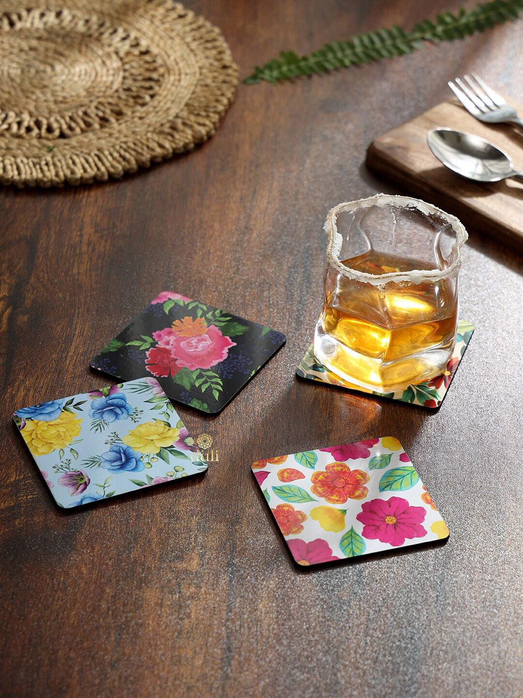 DULI White & Blue 4-Pieces Floral Printed Square Wooden Coasters