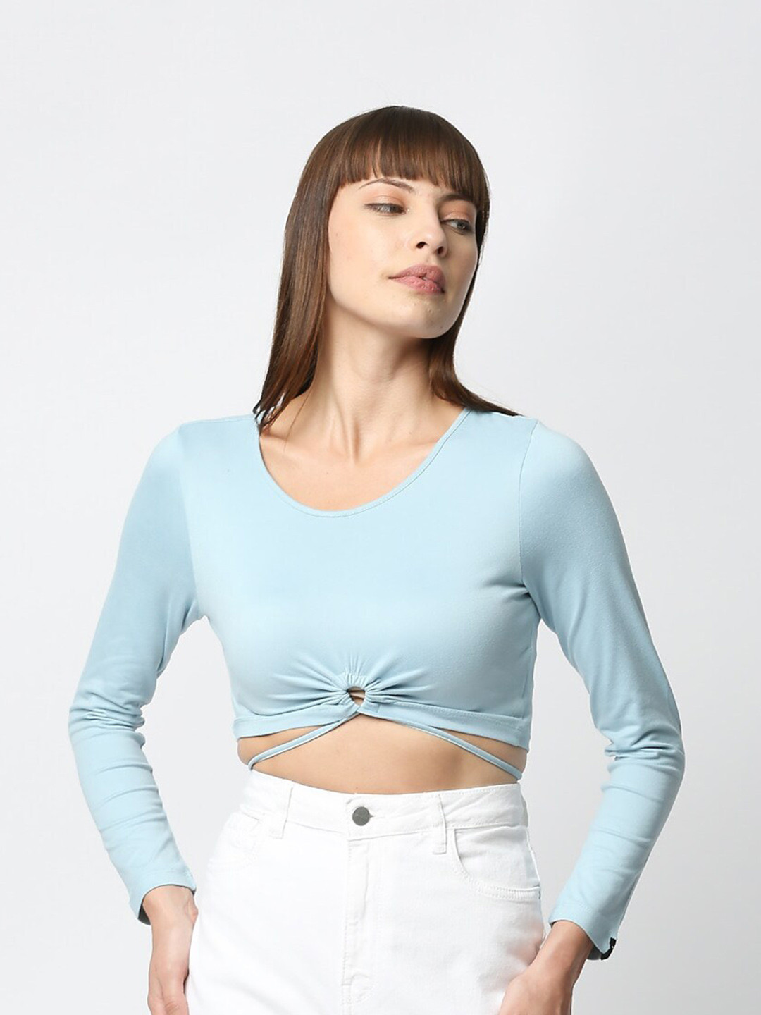 VALEN CLUB Long Sleeves Waist Tie-Up Cotton Fitted Crop Top