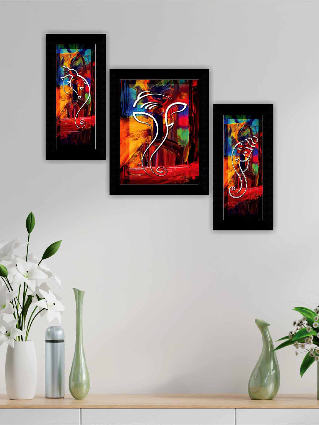 SAF Black & Red Flowerpot Ganesha Modern Art Framed Painting Wall Art