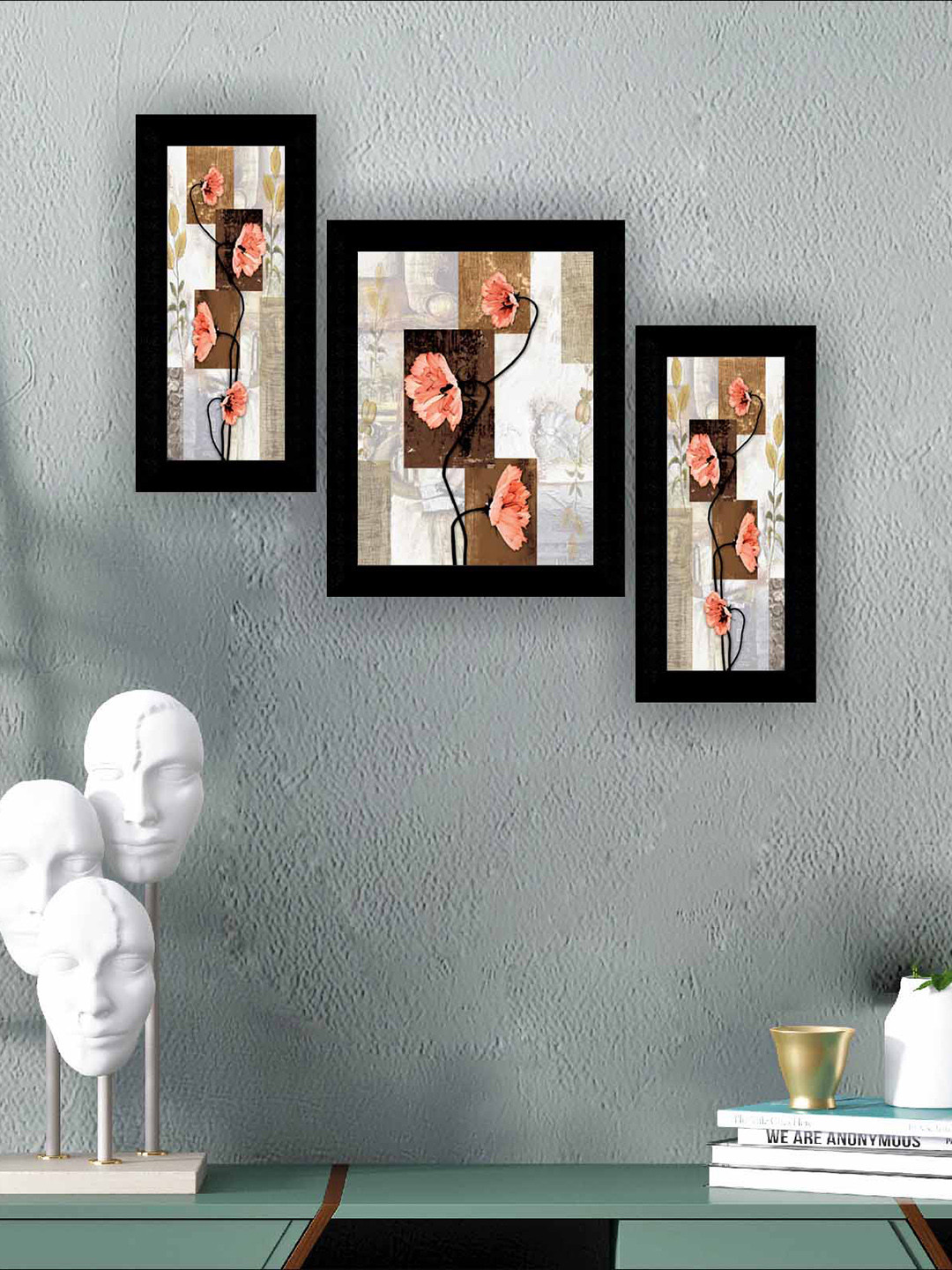 SAF Black & Beige Flowerpot 3 Pieces Flowers Pot Painted Modern Art Wall Art