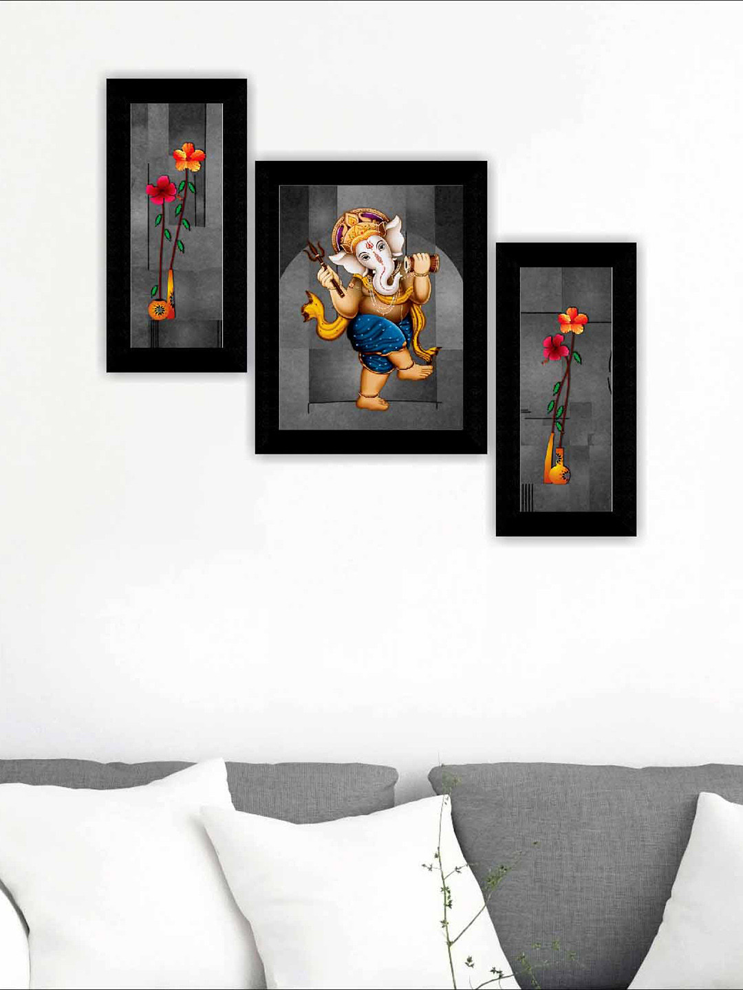 SAF Black & Yellow 3-Pieces Ganesha Modern Wall Art Painting