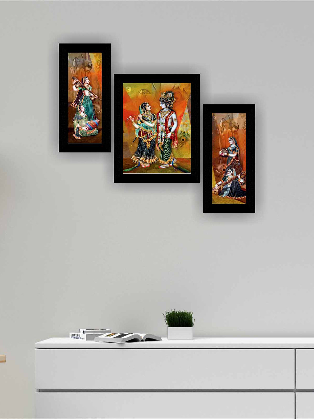 SAF Brown & Orange 3-Pieces Radha Krishna Modern Art Framed Wall Art