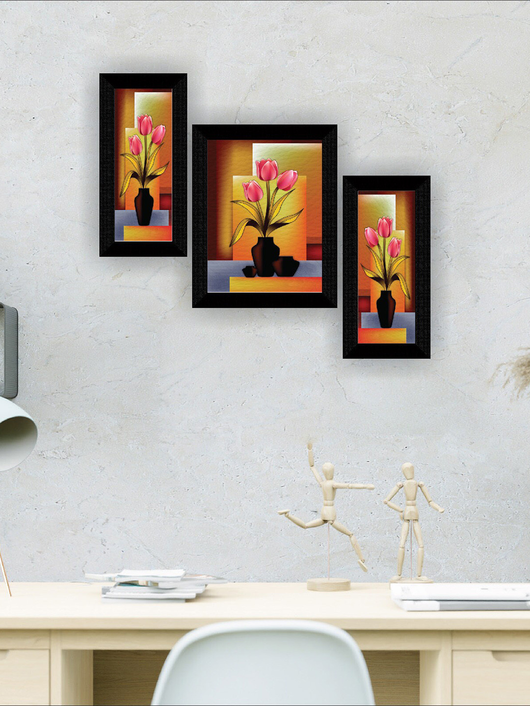 SAF Orange Coloured & Pink 3 Pieces Flowerpot Modern Framed Wall Art