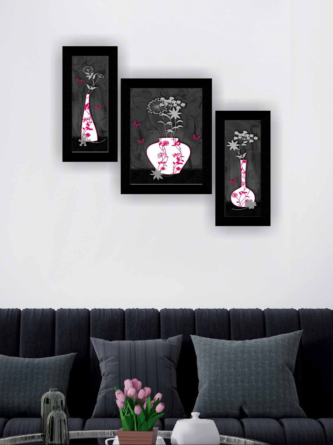 SAF Black & White 3 Pieces Flower Pot Modern Art Framed Painting Wall Art