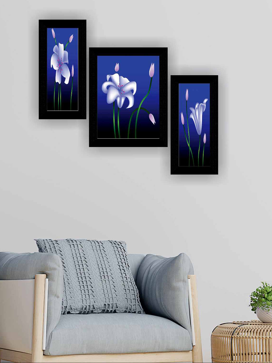 SAF Black & Blue 3 Pieces Flower Pot Modern Art Painting Wall Art