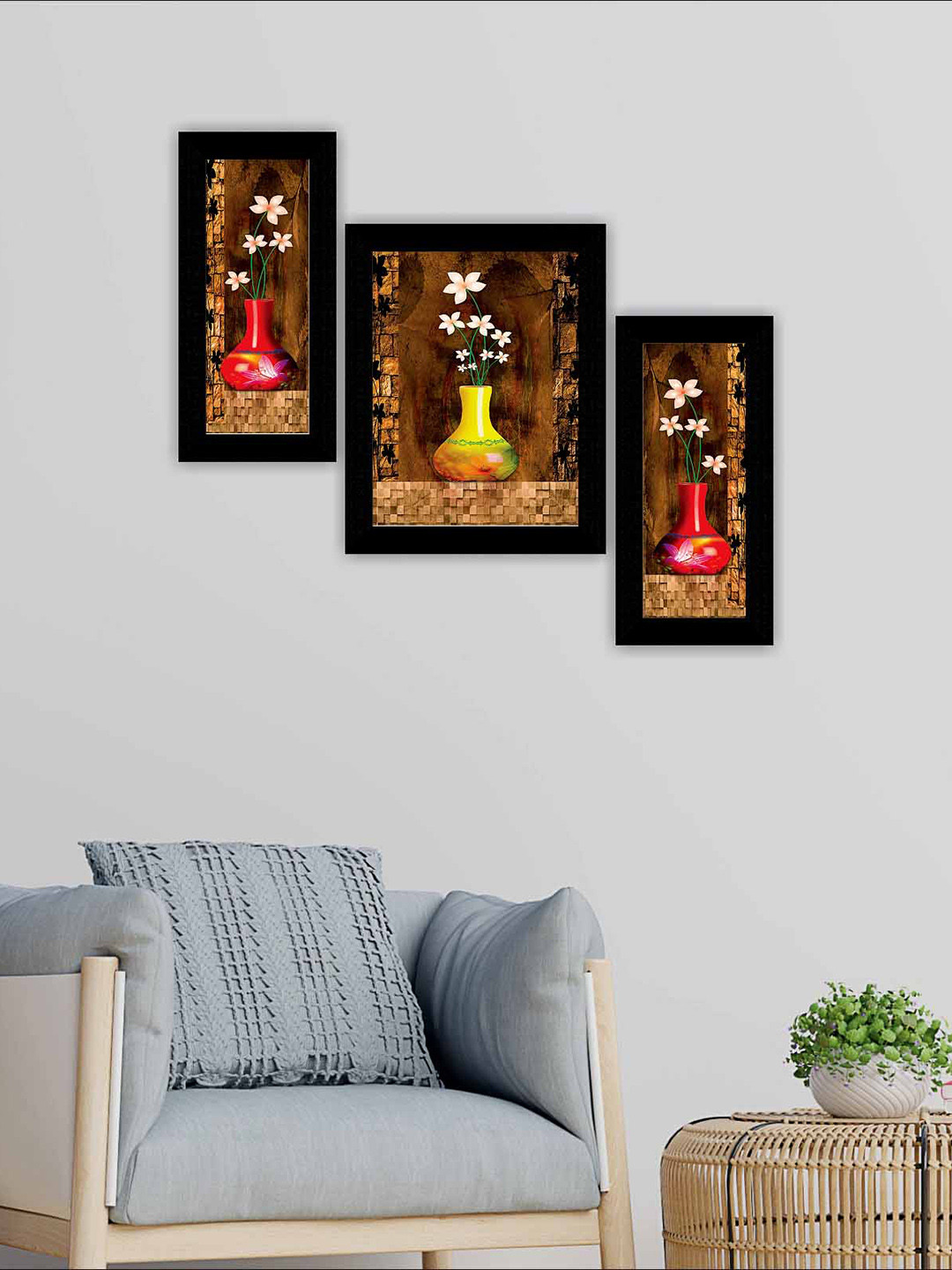 SAF Black & Red 3-Pieces Flowerpot Modern Art Framed Wall Painting