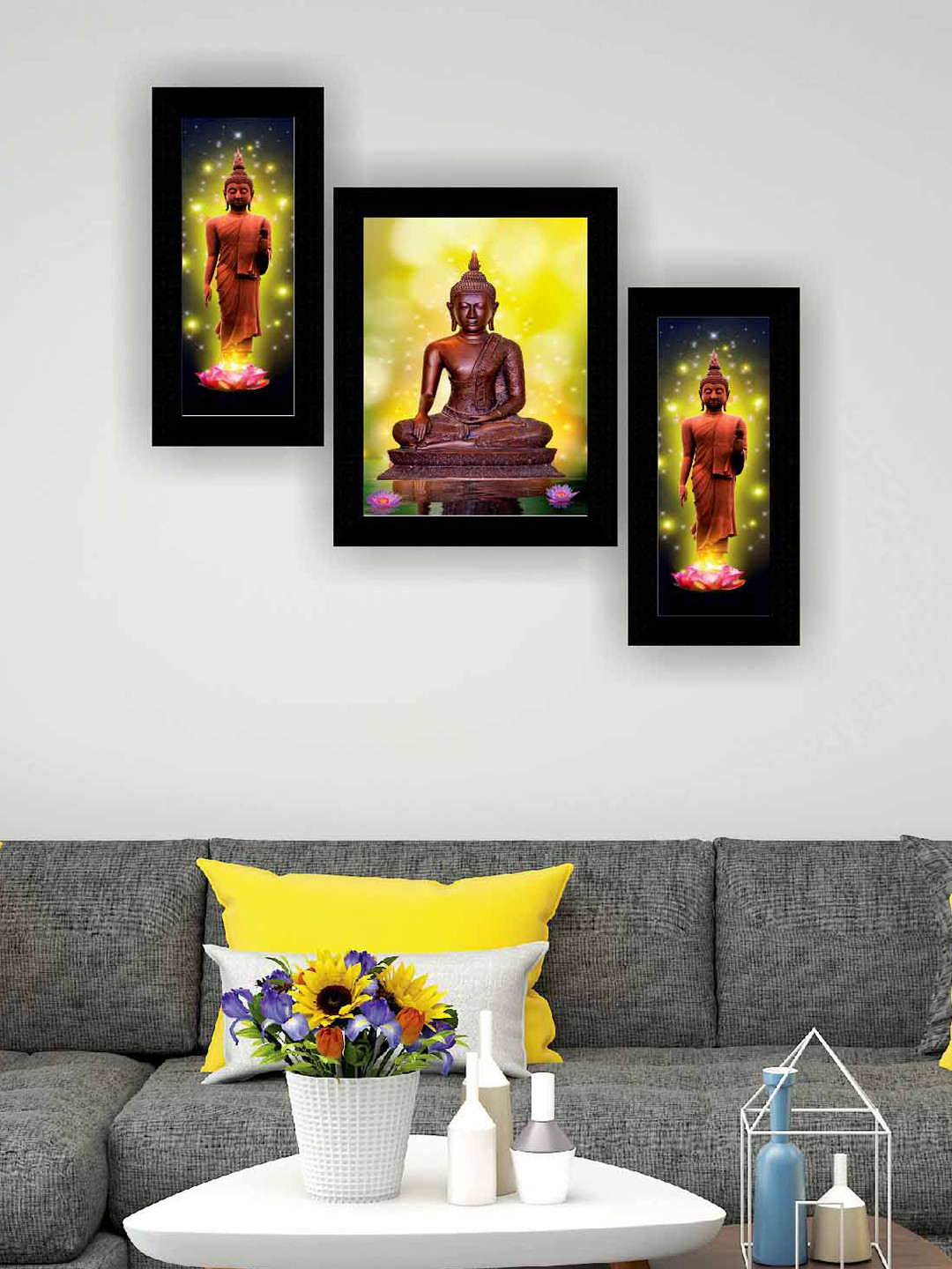 SAF Yellow & Brown 3 Pieces Buddha Modern Art Self Adhesive Framed Wall Art