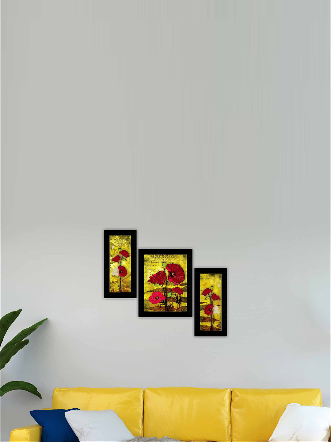 SAF Brown & Yellow 3-Pieces Flower Pot Modern Art Framed Wall Art