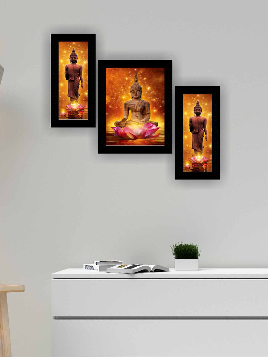SAF Yellow & Brown 3-Pieces Buddha Modern Wall Art