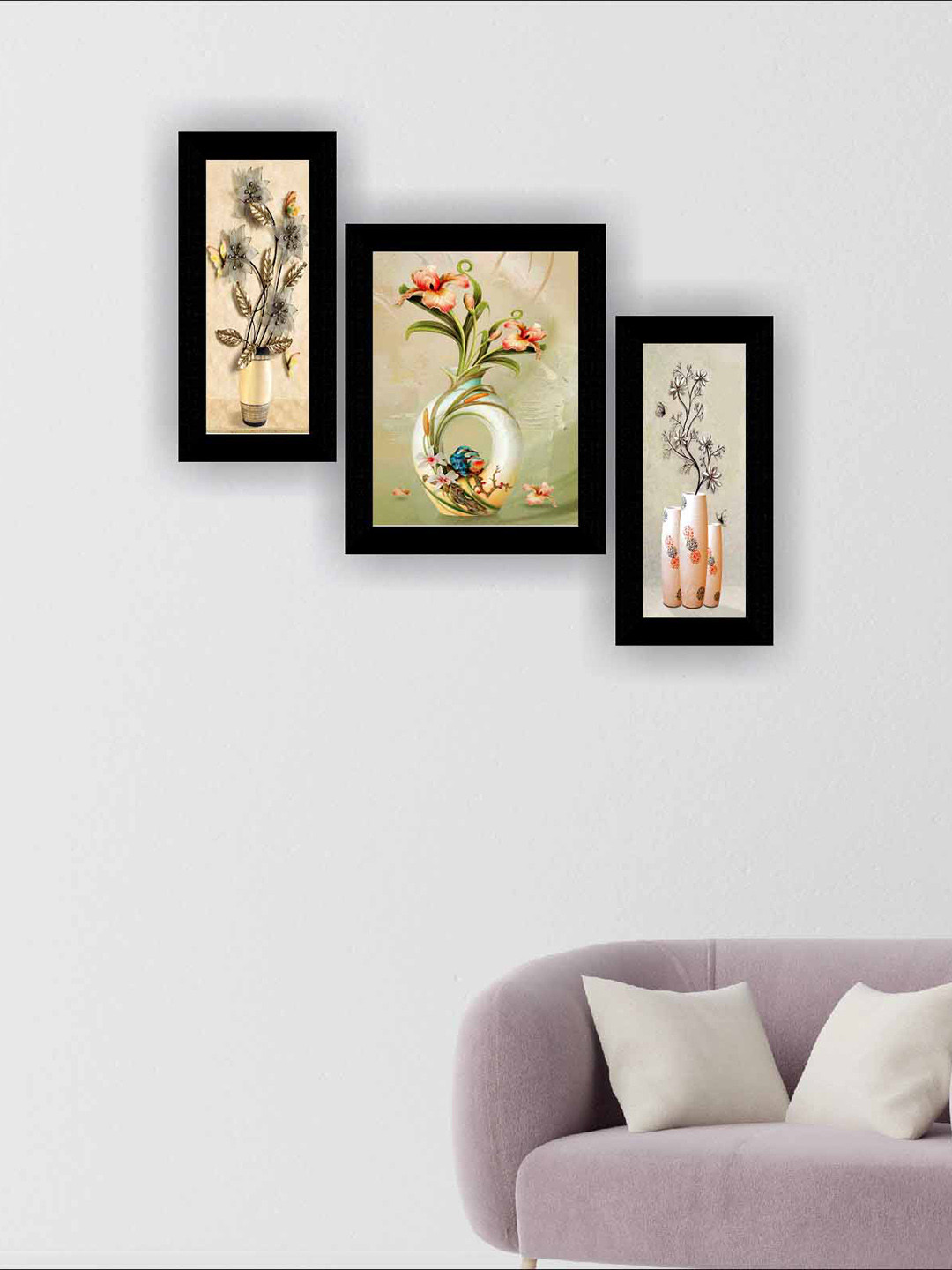 SAF Black & Green 3 Pieces Flowerpot Modern Art Framed Wall Painting