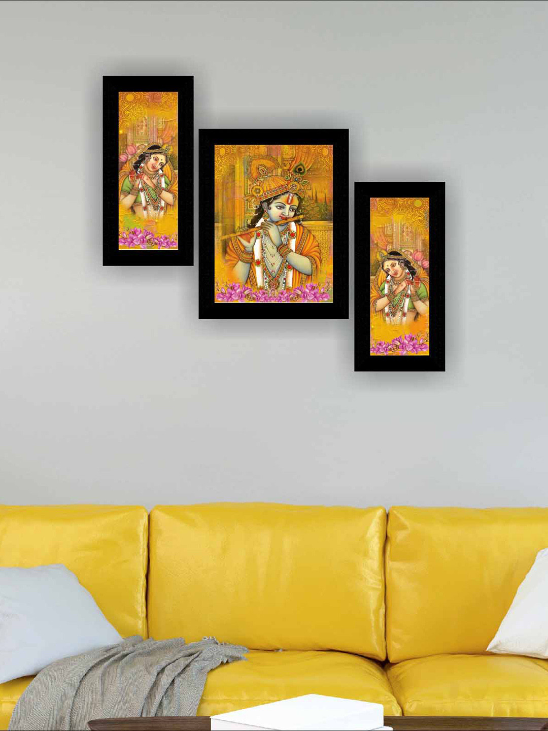 SAF Black & Yellow 3 Pieces Radha Krishna Modern Art Framed PaWall Art