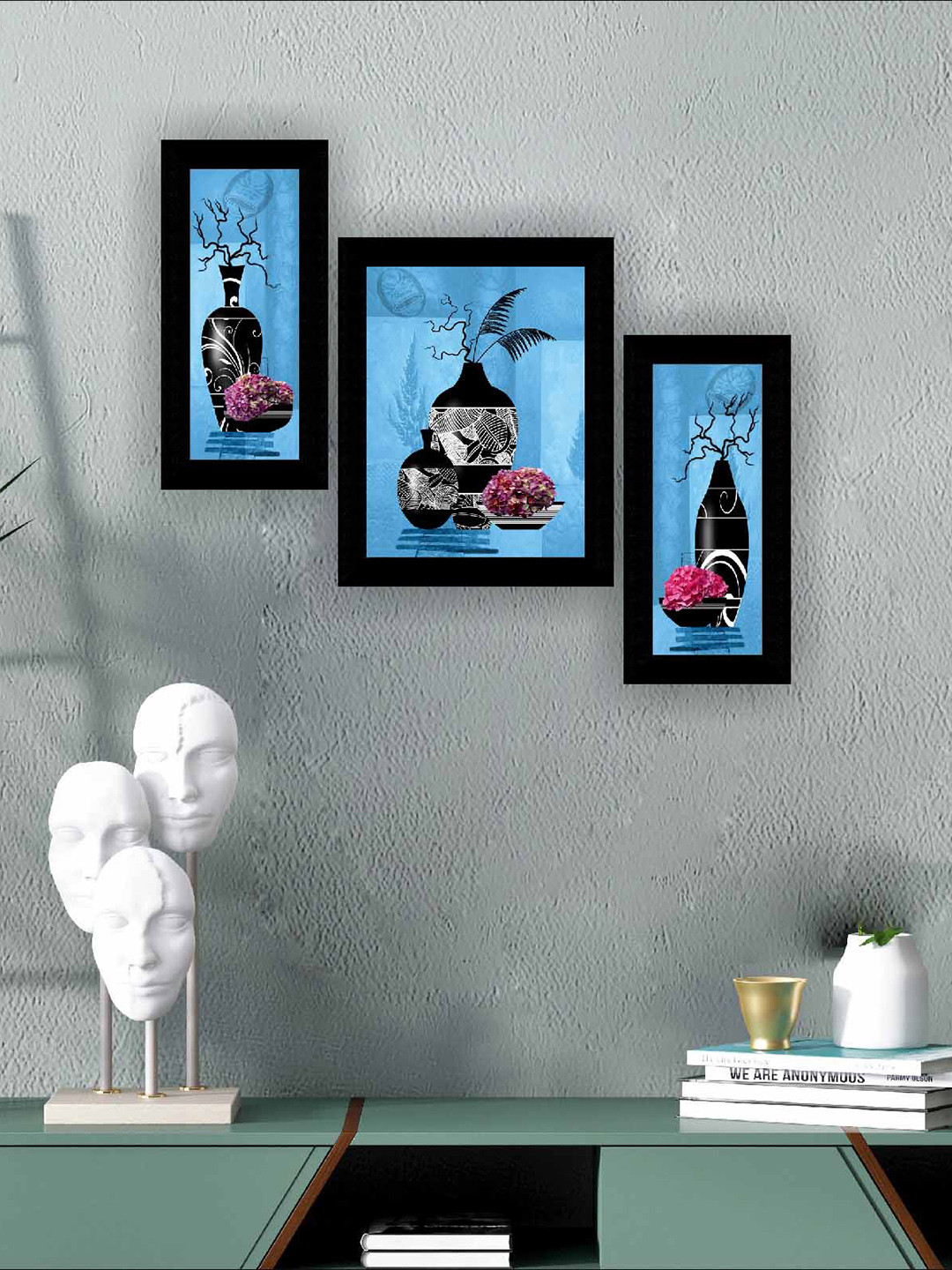 SAF Blue & Black 3-Pieces Modern Flower Art Design  Self Adhesive Framed Wall Paintings