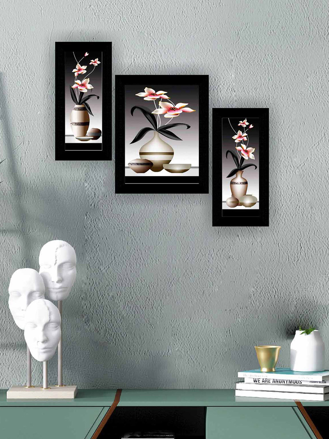 SAF Black & Pink 3 Pieces Flowerpot Modern Art Framed Wall Painting