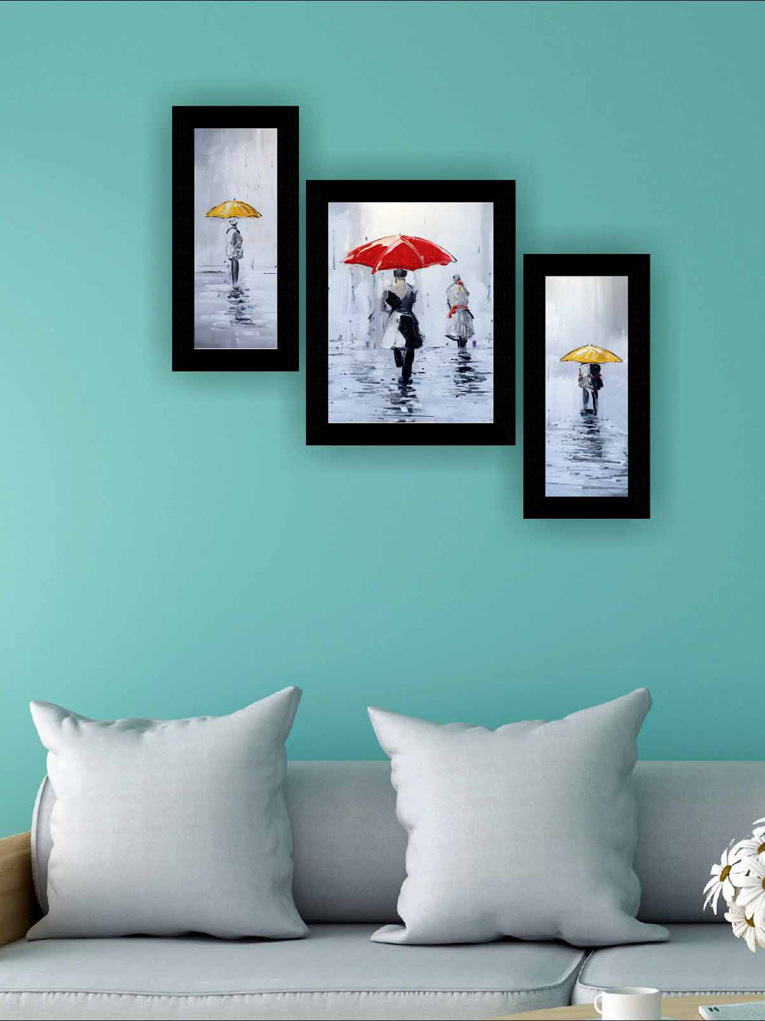 SAF Grey & Red 3 Pieces Modern Framed Wall Art