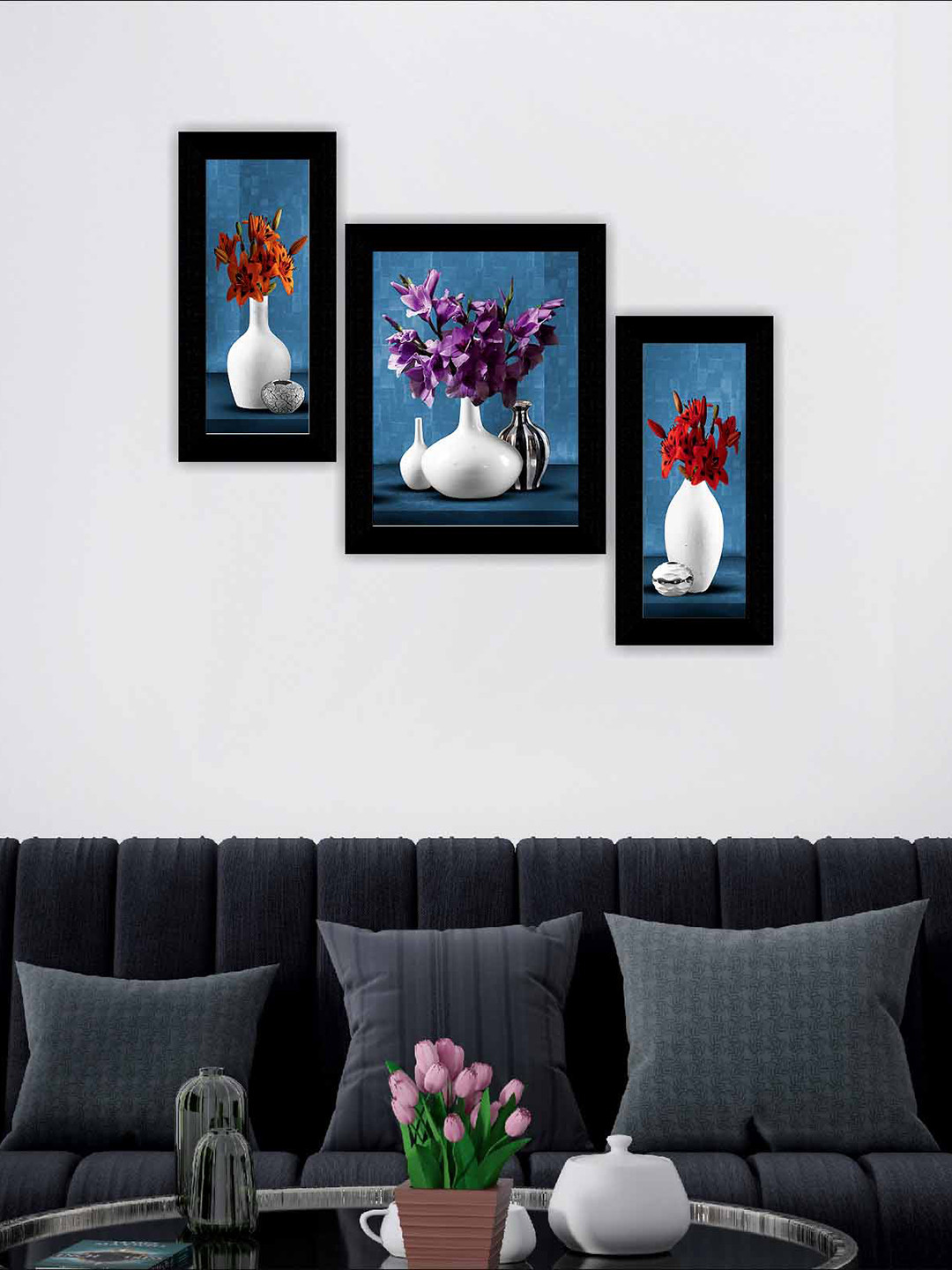 SAF Brown & Blue 3-Pieces Flower Pot Modern Art Framed Wall Art