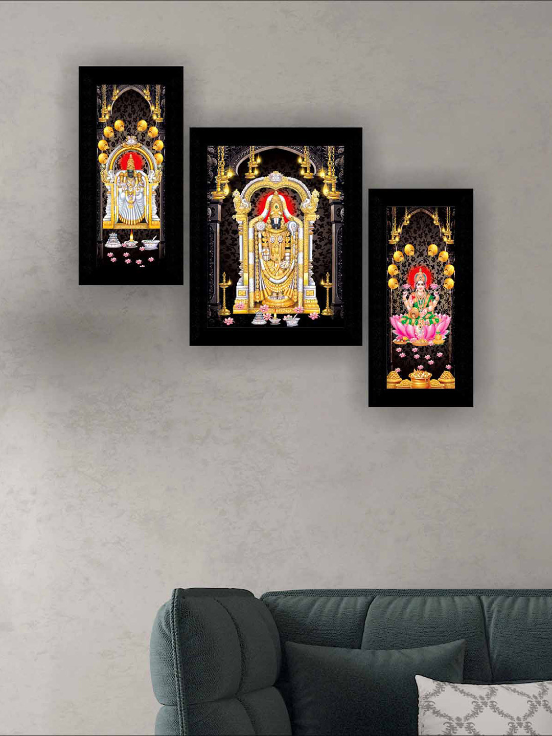 SAF Black & Yellow 3 Pieces Tirupati Balaji Modern Wall Art Painting