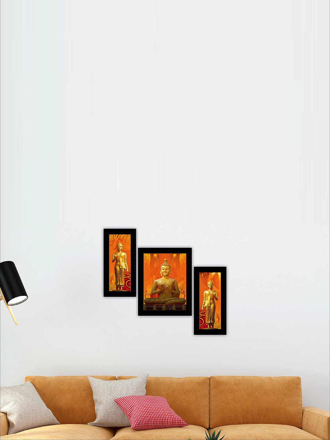SAF Orange Coloured & Gold Toned 3 Pieces Buddha Modern Art Painting Wall Art