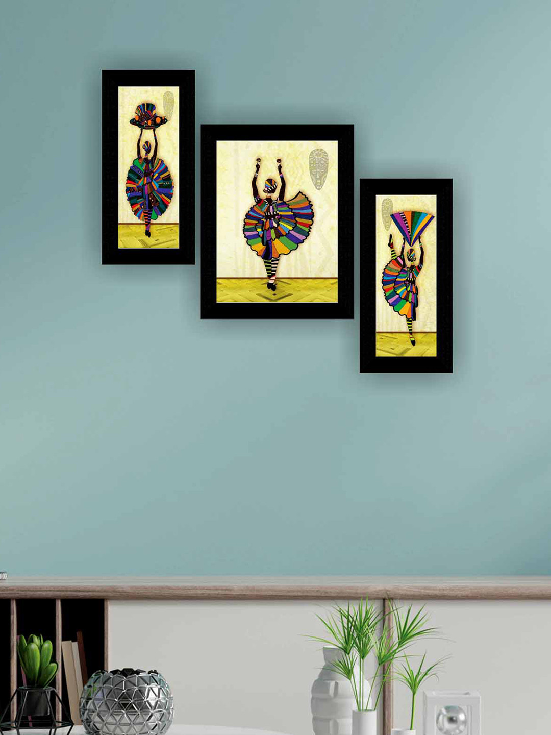SAF African Lady Dancing Paper 3 Piece Wall Rectangle Paintings Wall Art
