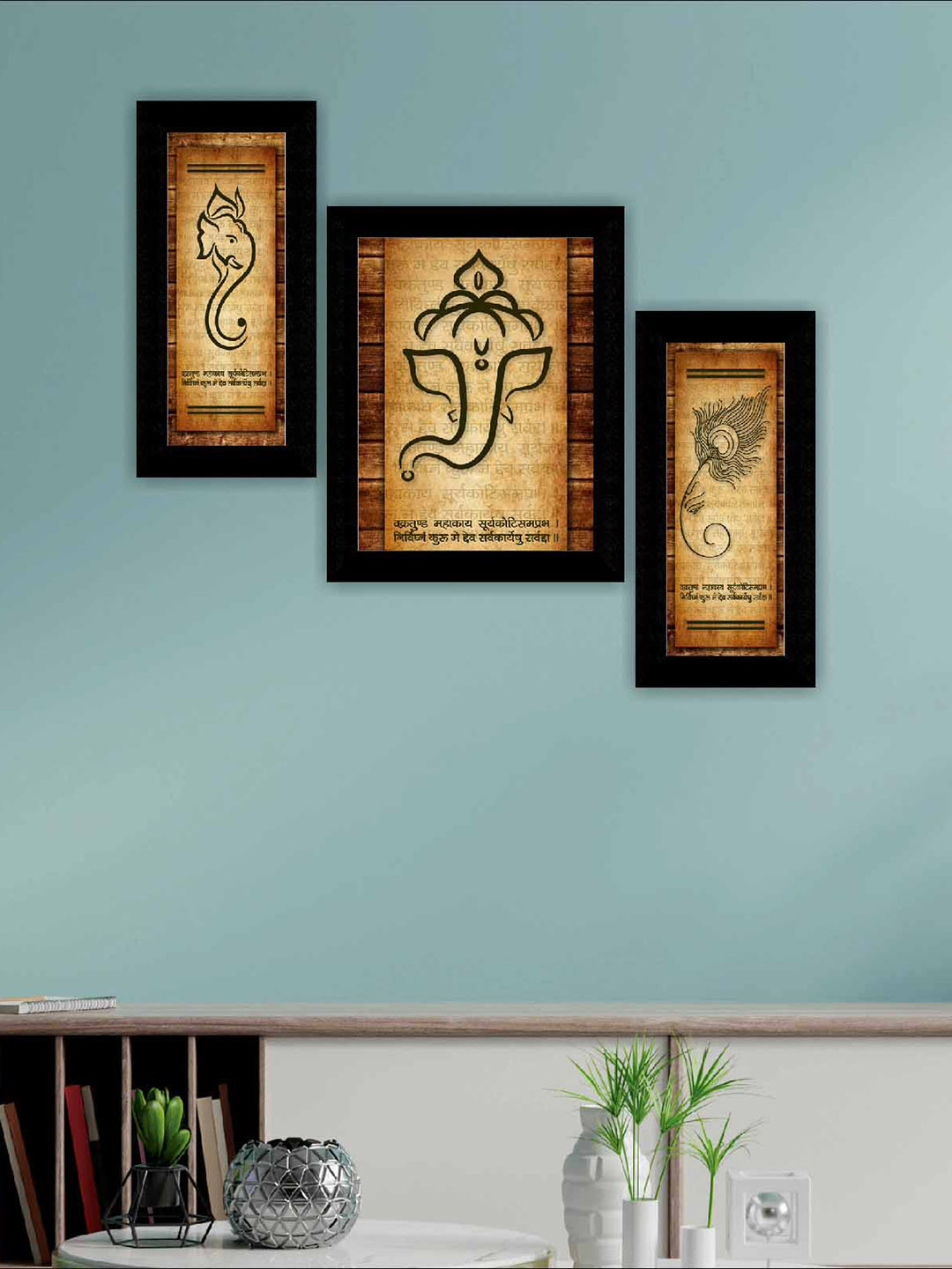 SAF 3 Piece Ganesha Printed Rectangle Portrait Paintings Wall Art- 13.5x22.5In