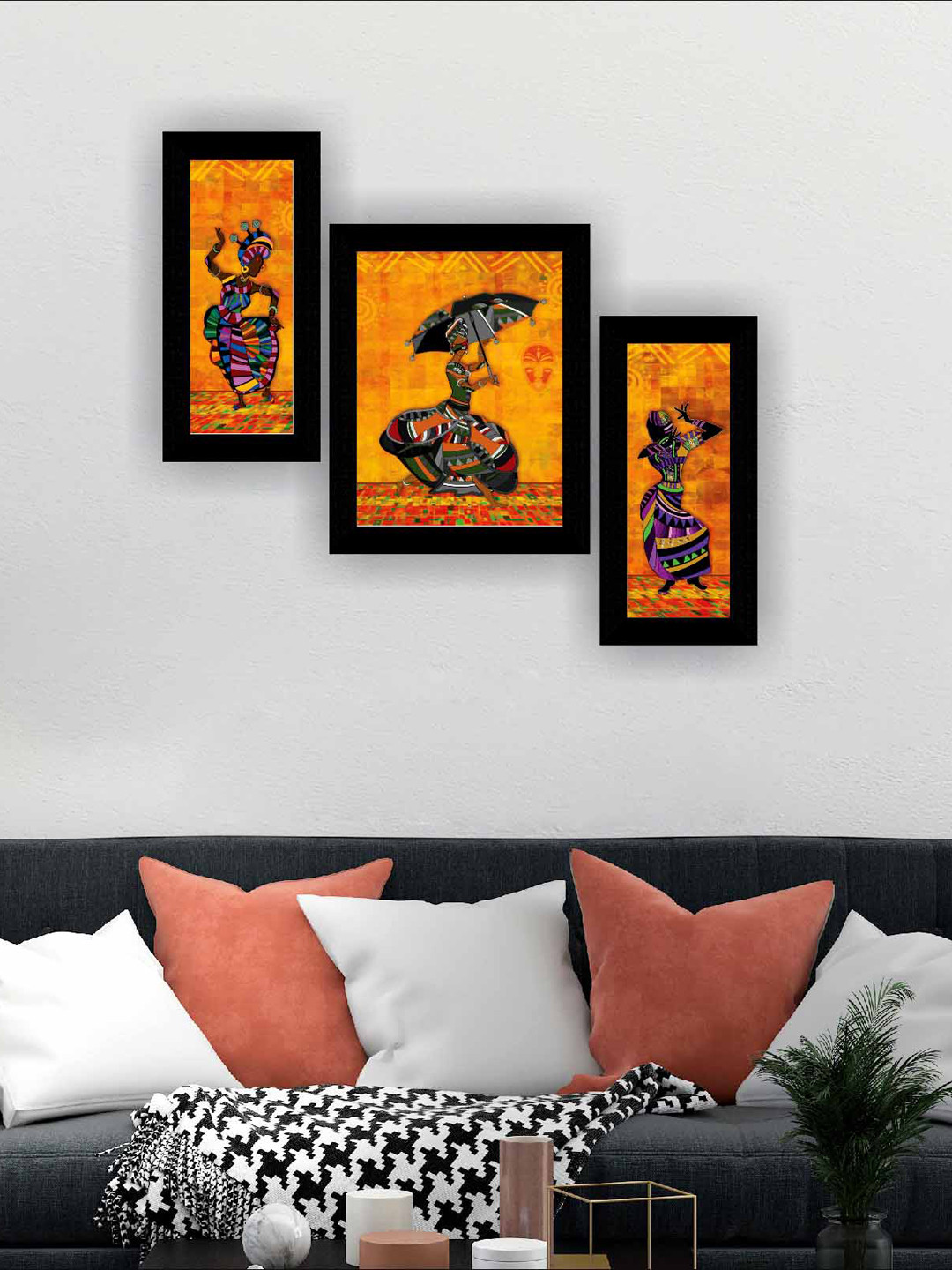 SAF Black & Orange Coloured 3 Pieces African Lady Dancing Modern Painting Wall Art