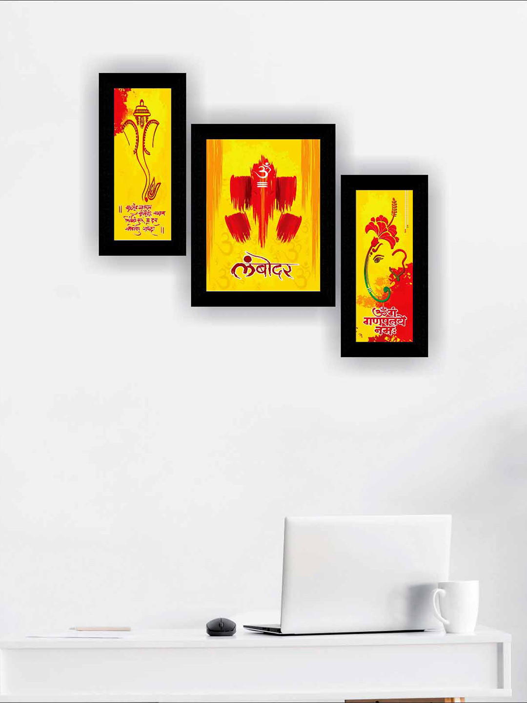 SAF Red & Yellow 3 Pieces Ganesha Modern Art Framed Painting Wall Art