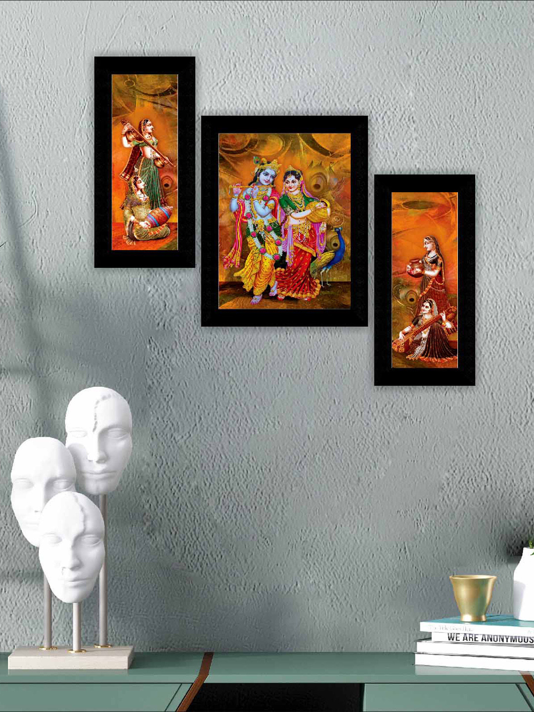 SAF Orange Colored & Green 3 Pieces Radha Krishna Modern Art Framed Wall Paintings