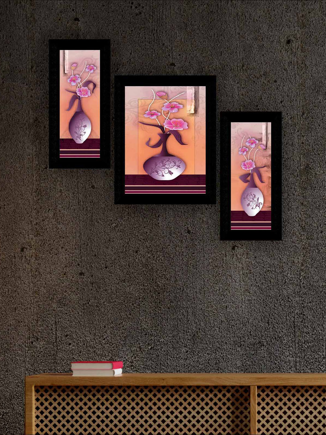 SAF Peach & Purple 3 Pieces Flower Pot Modern Art Painting Wall Art