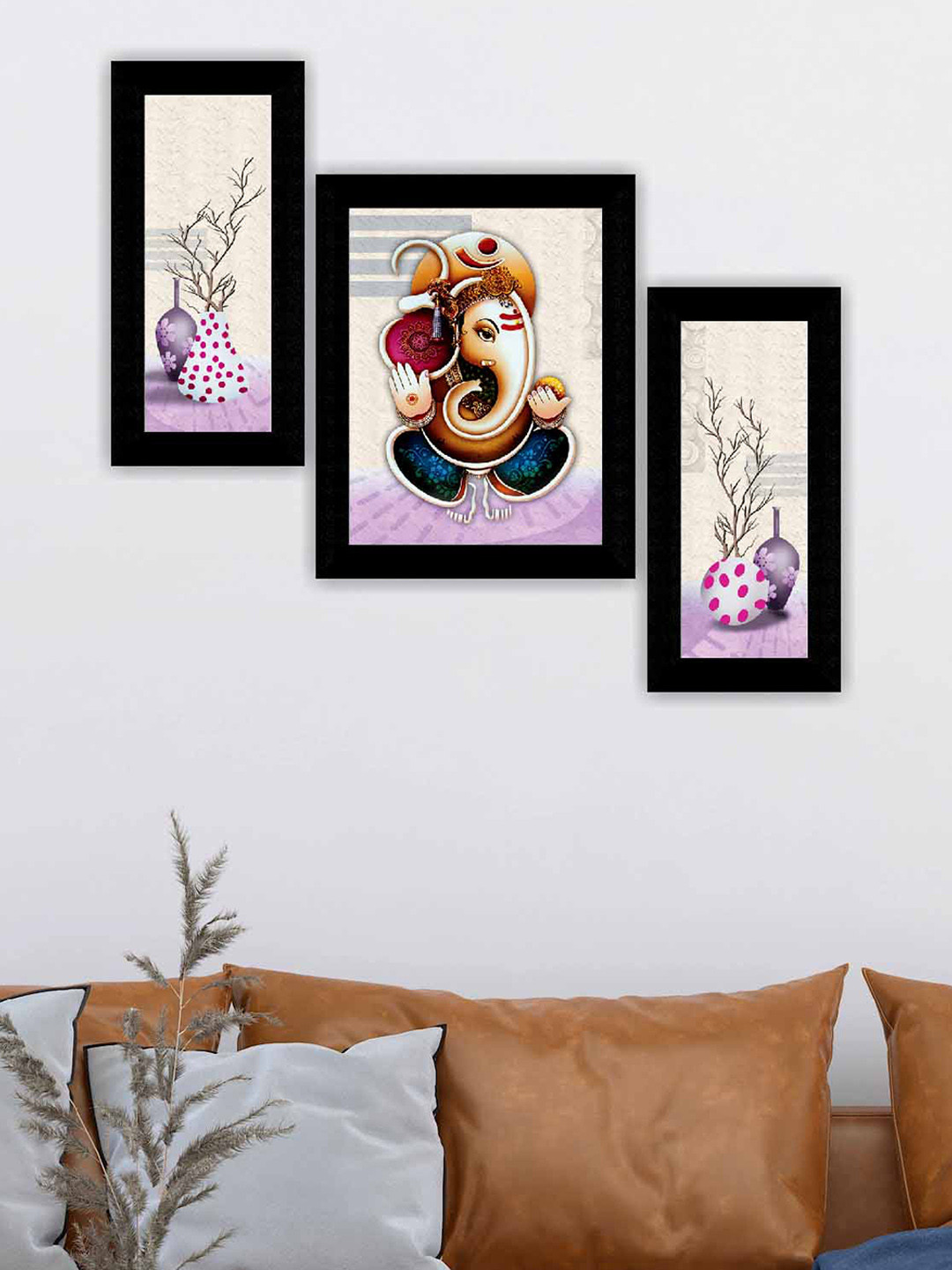 SAF White & Purple 3 Pieces Ganesha Modern Painting Wall Art